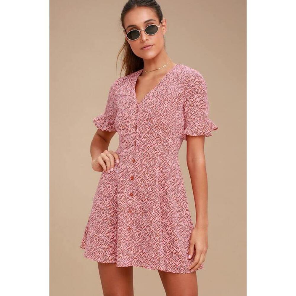 Lulus Castana Rust Red Print Button-up Dress - Size M